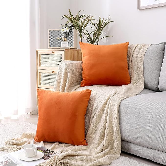 NiNi ALL Orange Velvet Throw Pillow Covers 16x16 Pack of 2 Decorative Couch | Soft Solid Cushion Squar Pillow Cases for Chair Sofa Bedroom Farmhouse Living room Modern Luxury Home Decor Fall Halloween