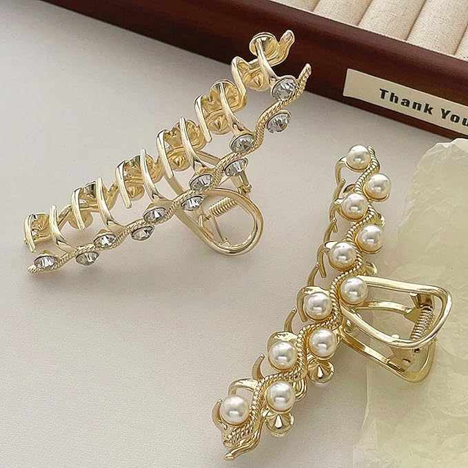Crystal Hair Clips, Metal Imitation Pearl Hair Claw Clip for Women, Rhinestone Hair Claw Barrettes Non Slip Hair Clamp Fashion Wedding Party Accessories Elegant Jaw Clip Decorations for Lady (2 Pack)