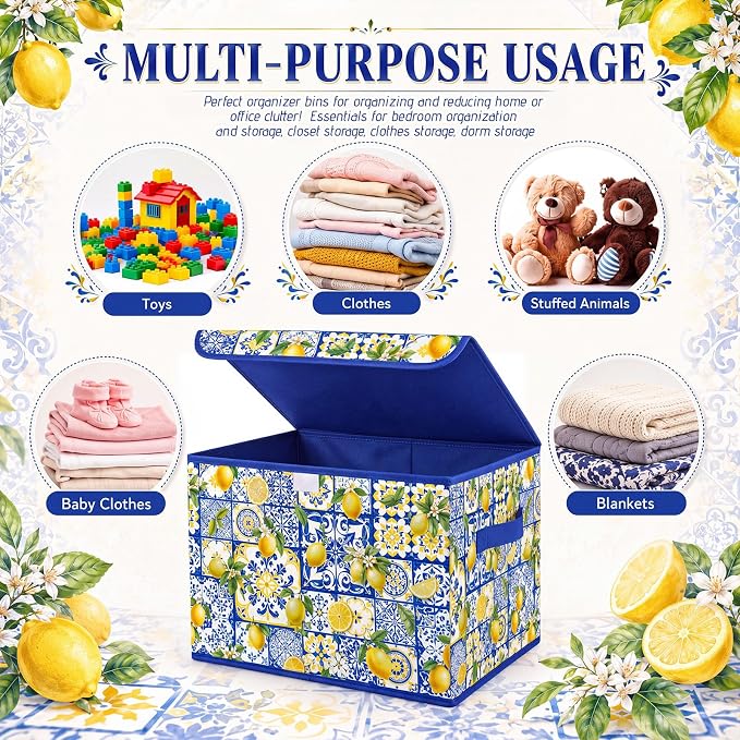 Briwooody Capri Lemon Storage Bin with Lid and Carrying Handle Italy Lemon Foldable Storage Box Large Blue Summer Fruit Decorative Collapsible Container Basket for Organizing Closet Home Bedroom Gift
