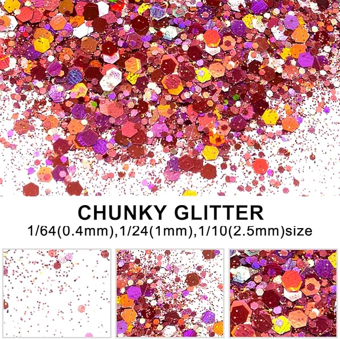 Pink - Holographic Craft Glitter - 2oz Glitter Shaker Bright Colorful Mix Chunky Body Glitter Bulk - 24 Colors in Shaker, Cosmetic Grade Glitter - LB911