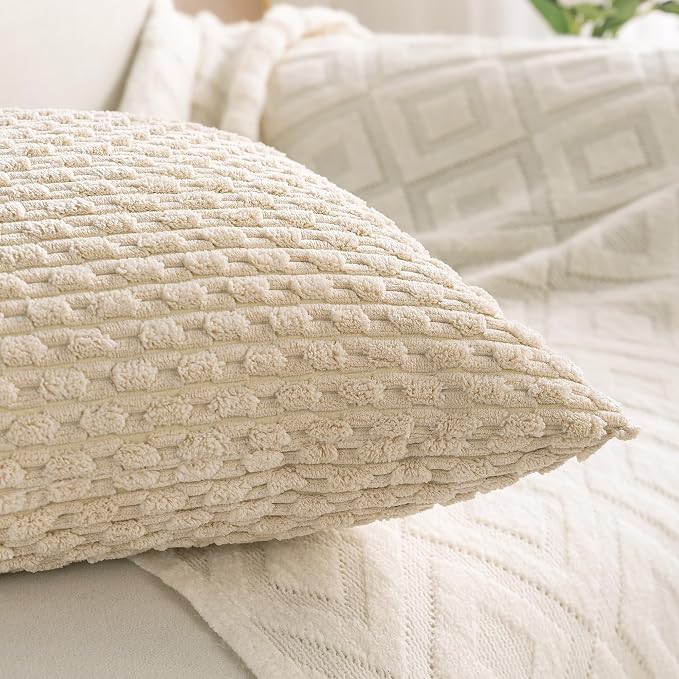 Set of 4 Beige Decorative Throw Pillow Covers 16x16 Inch Corduroy Pillow Covers for Bed Couch Sofa Living Room Soft Square Cushion Cases