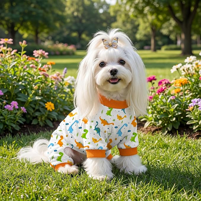 Dog Pajamas for Small Medium Dogs Pjs Orange Dinosaurs Dog Onesie Breathable Puppy Pj Pet Stretchy Soft Sleepwear for Spring Summer Costume-XL