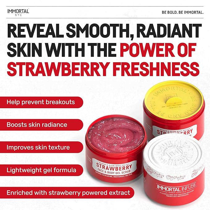 Immortal NYC - Strawberry Crush Face & Body Scrub Mask Gel- Moisturizing and Exfoliating Body, Face, Hand, Foot Scrub - Fights Acne, Fine Lines & Wrinkles, Great Gifts For Women & Men - 10 oz