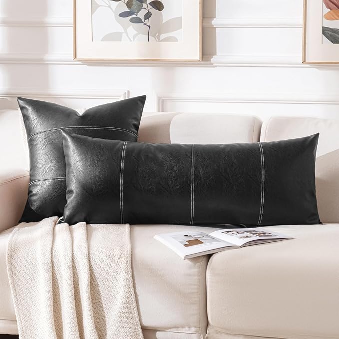 Fancy Homi Black Boho Long Lumbar Faux Leather Decorative Throw Pillow Covers 14x36 Inch for Living Room Couch Bed Sofa, Hand Stitched Rectangle Cushion Case, Rustic Modern Farmhouse Home Decor