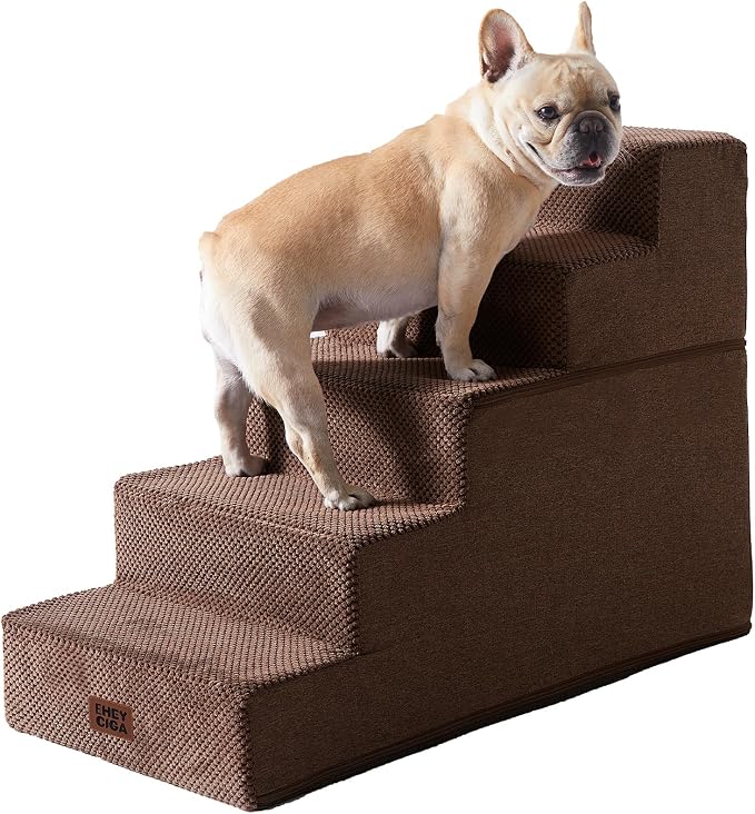 EHEYCIGA Dog Stairs for High Bed 22.5" H, 5-Step Dog Steps, Brown | Pet Steps for Small Dogs and Cats for Bed, Non-Slip Balanced Pet Ramp Indoor
