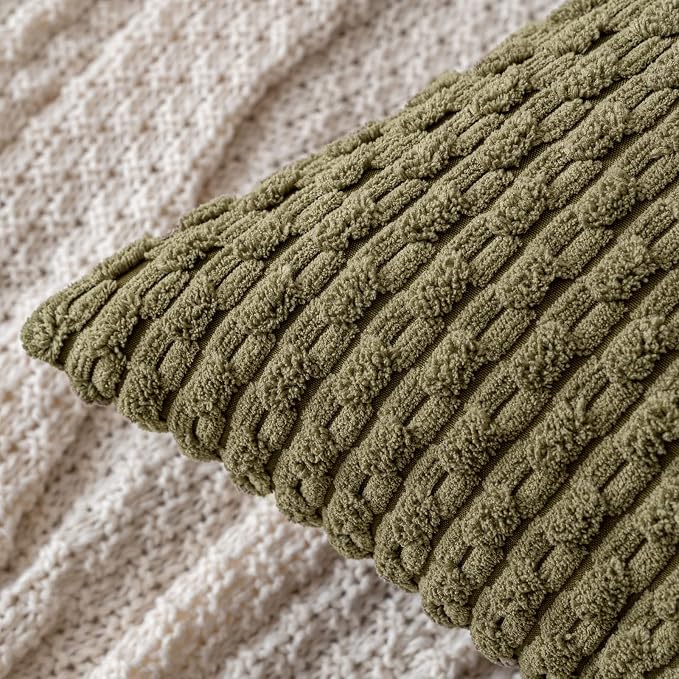 MIULEE Decorative Throw Pillow Covers 20x20 Olive Green Textured Corduroy | Pack of 2 Striped Pillow Covers Modern Farmhouse Coastal Home Decor for Couch Bed Sofa Living Room