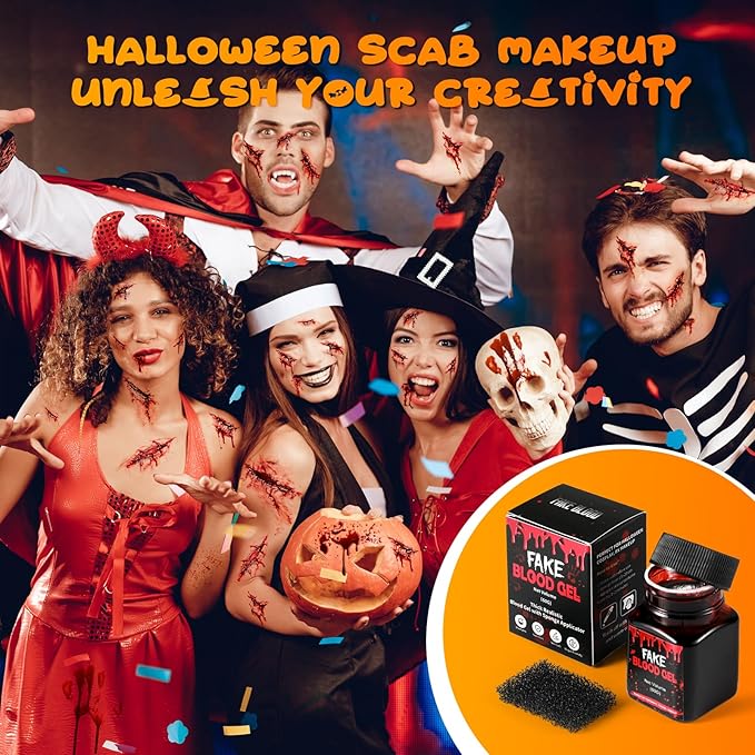 Halloween Scab Blood Gel, 60g Coagulated Blood Makeup with Sponge for Realistic Wounds, Cuts, SFX FX Makeup, Vampire Zombie Monster Cosplay, Scab Blood SFX for Face & Body