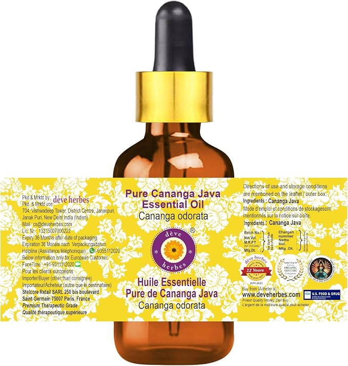 Deve Herbes Pure Cananga Java Essential Oil (Cananga odorata) with Glass Dropper Steam Distilled 100ml (3.38 oz)