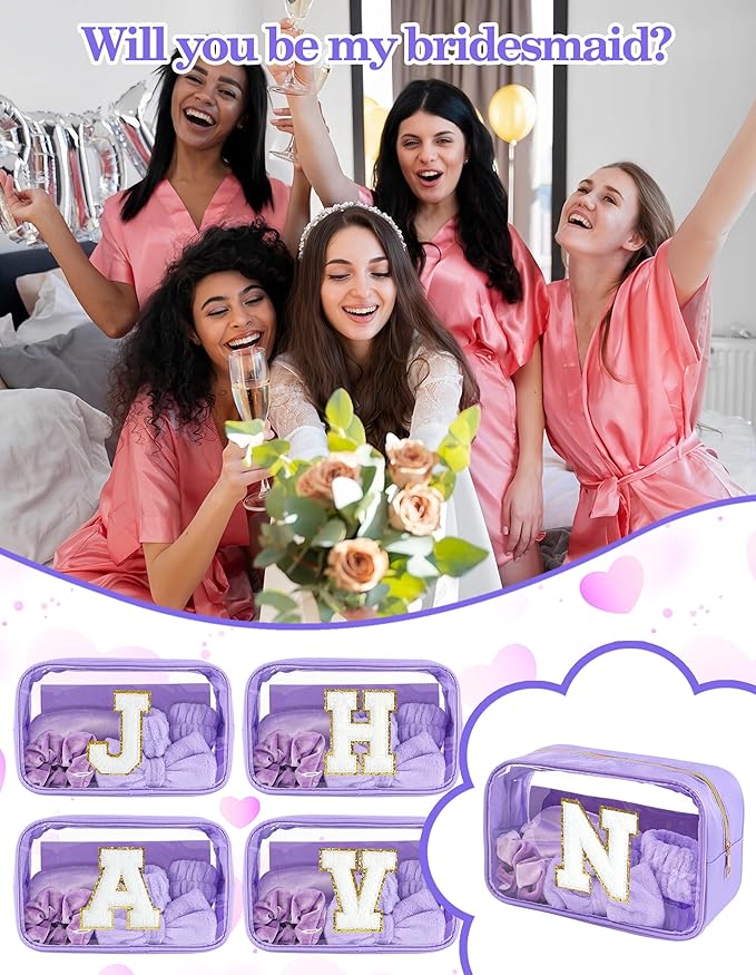 Gift Sets for Women, Initial Makeup Bag with Makeup Brush Set Bachelorette Party Favors, Purple Spa Kit with Skincare Headbands Wrist Bands Sleepover Party Supplies Gifts for Teen Girls Bridesmaid N