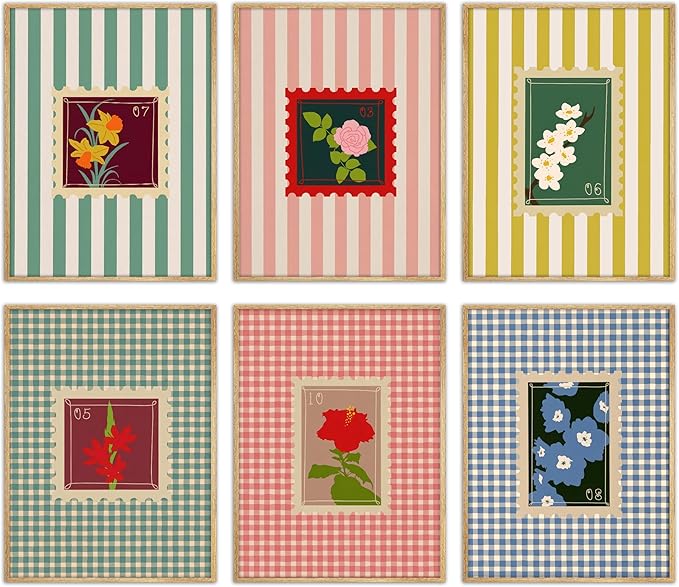 Coquette Pink Floral Posters Wall Art Set of 6, Colorful Stripes and Checks Flower Canvas Wall Decor Painting, Florals Stamp Artwork Posters Pictures for Girls Room Bedroom Dorm 8x10 Inch Unframed