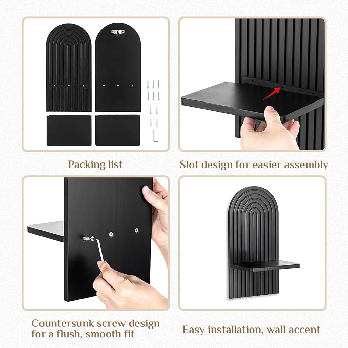 Black Wall Candle Holder: Wood Arch Candle Sconces Set of 2 | Modern Minimalist Shelf, with A Location Board Slot, for Plants Pillars, for Hallway Fireplace Bedroom