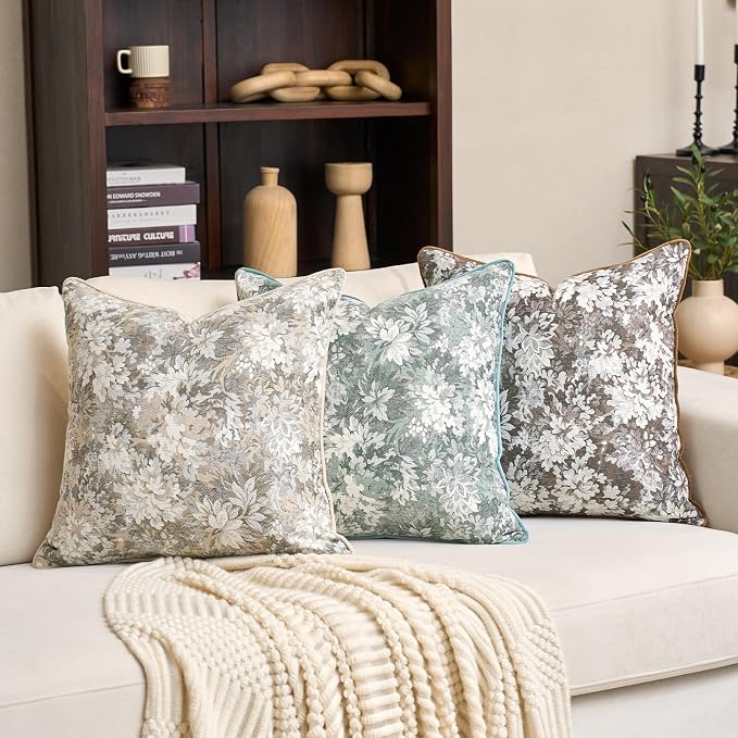 Alerfa Beige Neutral Floral Pillow Cover 20 x 20 Inch, Vintage Chenille Square Couch Pillow Cover Soft Decorative Farmhouse Accent Pillowcase for Living Room Bedroom