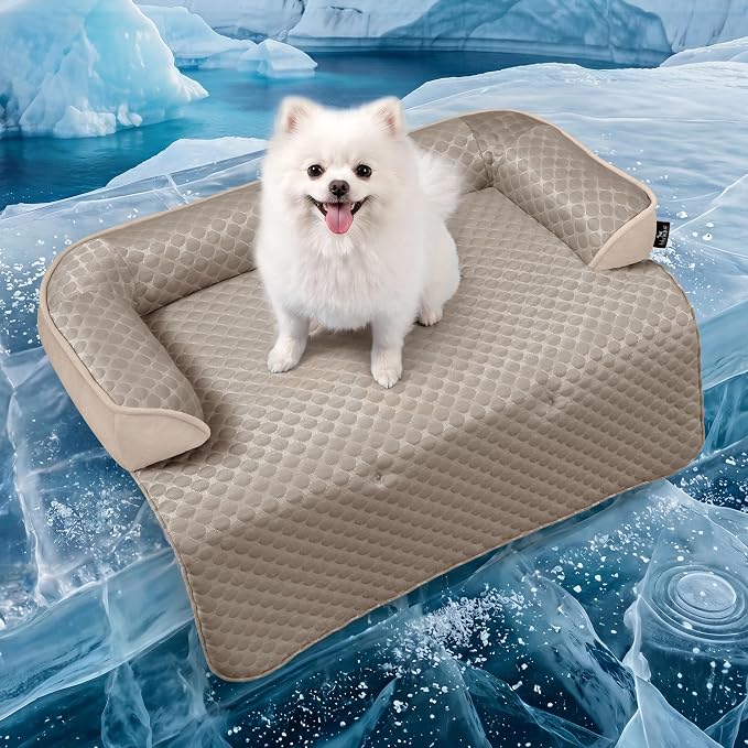 Medium Dog Cooling Bed for Sofa, 35x31 Inch Pets Couch Cover Mat | Waterproof & Easy Clean & Non-Slip Bottom & Non-Gel, Washable Dogs Summer Couch Pad For Indoor & Outdoor, Taupe