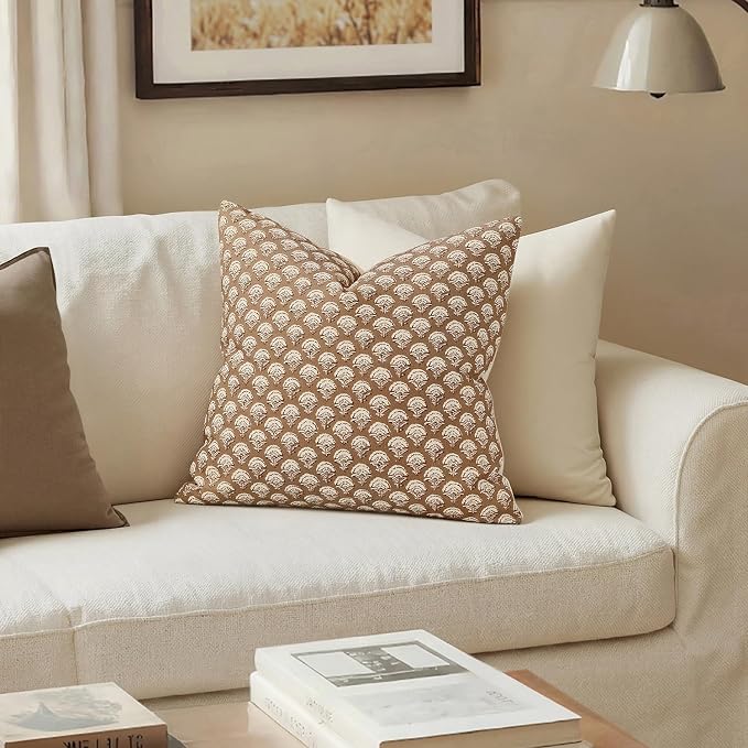 MIULEE Floral Print Decorative Pillow Covers 20x20, Cognac | Vintage Boho Farmhouse Modern Home Decor, Set of 2, Block Print Cushion Covers for Couch Sofa Bed Living Room