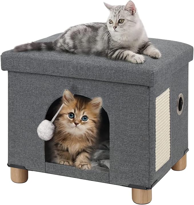 BRIAN & DANY Large Cat Beds for Indoor Cats, Cat Cave House for Kitten with Scratch Board & Ball, 17.7 x 14.8 x 15 inches, Gray (Large)