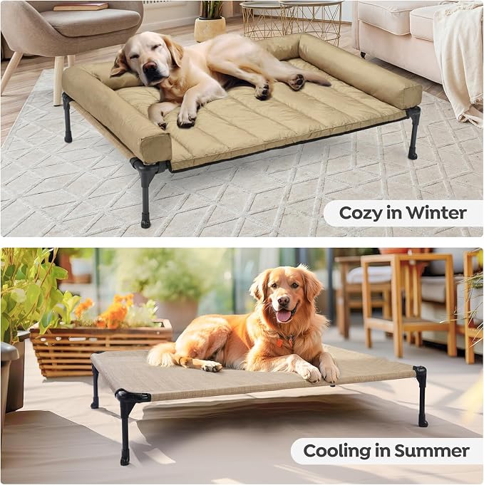 Veehoo Outdoor Elevated Dog Bed with Waterproof Bolster Cushion, Cooling | Raised Dog Bed with Removable & Washable Mat Topper, Breathable Mesh, Dog Couch Cot for Indoor Outdoor, 32", Medium, Beige