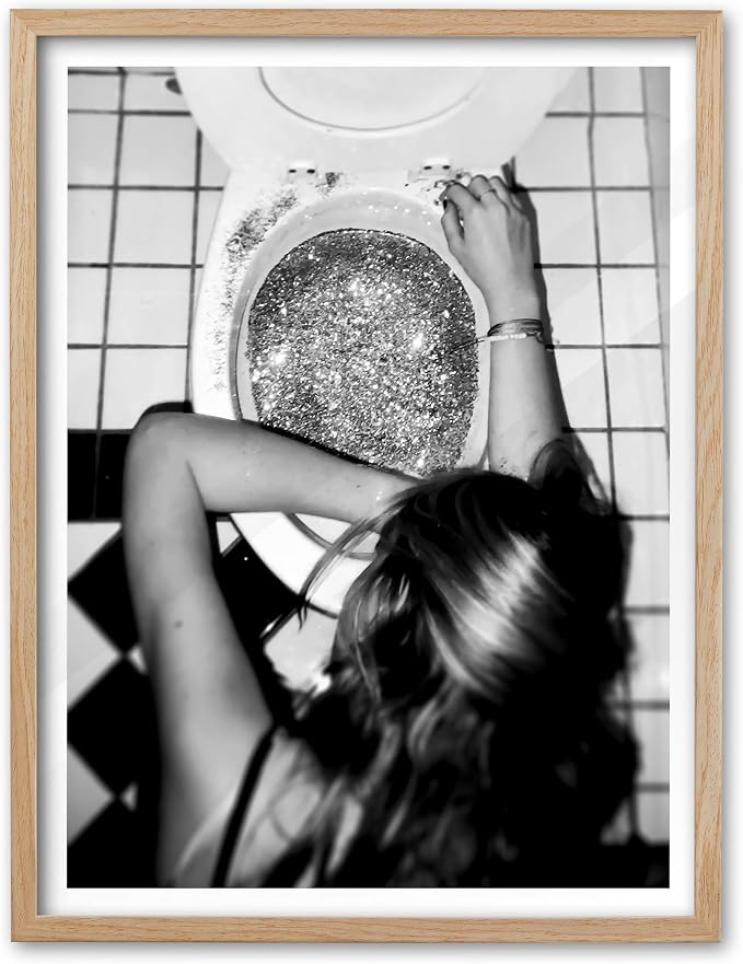 EcoHest 16x20 in After the Disco Party Framed Wall Art for Bathroom | Solid Oak Wood Frame, Canvas Wall Art, Black & White Funny Wall Decor for Bathroom, Bedroom, Dorm Room, College Room, 1Pack