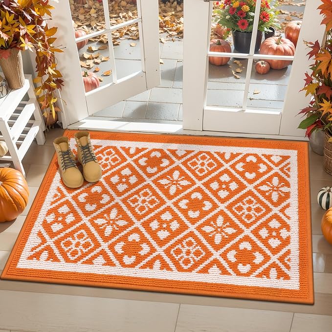 Ileading Fall Indoor Door Mat Washable Orange Muddy Mats for Dogs 2x3ft