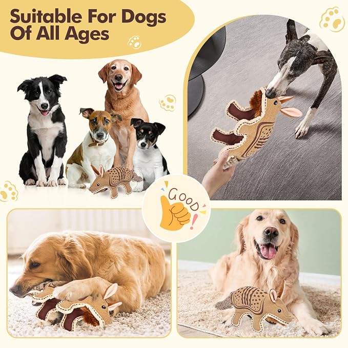 Tough Squeaky Dog Toys for Aggressive chewers Interactive to Keep Them Busy,Durable Funny Cute Tug of war Birthday for Small Medium Large (Armadillo)