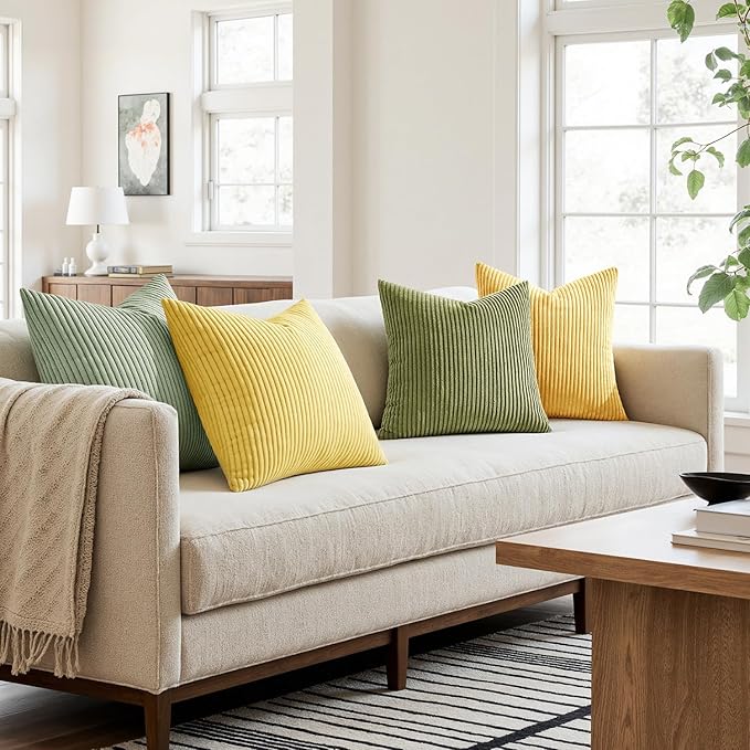 MIULEE Soft Corduroy Decorative Throw Pillow Covers Yellow Green 18x18 | Set of 4, Mordern Nordic Decor, Lime Lemon Green Set, Boho Farmhouse Cushion Covers for Couch Bed Sofa Living Room