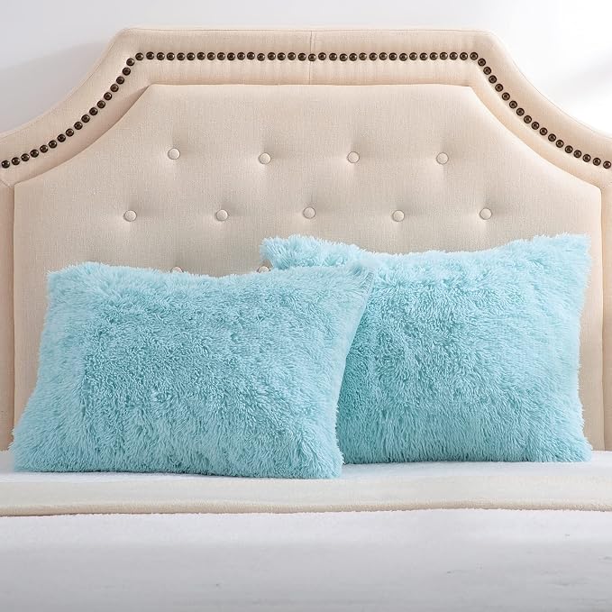 REAFORT Long Hair Faux Fur Standard Shams 20"x26", Envelope Closure (Aqua) | Ultra-soft long hair faux fur with an envelope closure offers plush comfort and is machine washable for easy care.