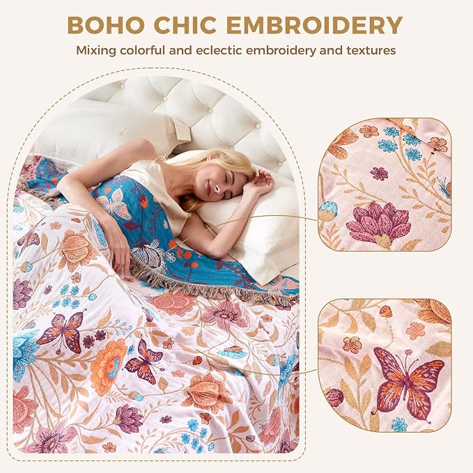 LUTBM Boho Throw Blanket for Couch 50"x60", Cotton Decorative Bed Throw | Reversible Floral Butterfly Jacquard, All-Season Muslin Blanket, Lightweight Throws, For Chair Sofa Bedroom Living Room Decor