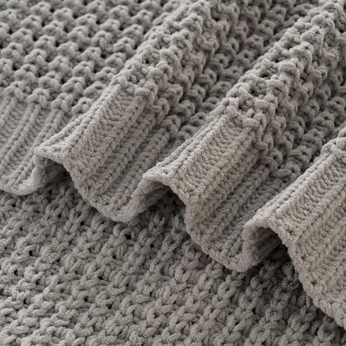 Grey Throw Blanket for Couch, Soft Knitted Chenille Throw Blanket 60"x80" | Chunky Waffle Knit Throw Blanket, Light Gray Throw Blanket for Bed Sofa Living Room, Modern Farmhouse Knitted Style