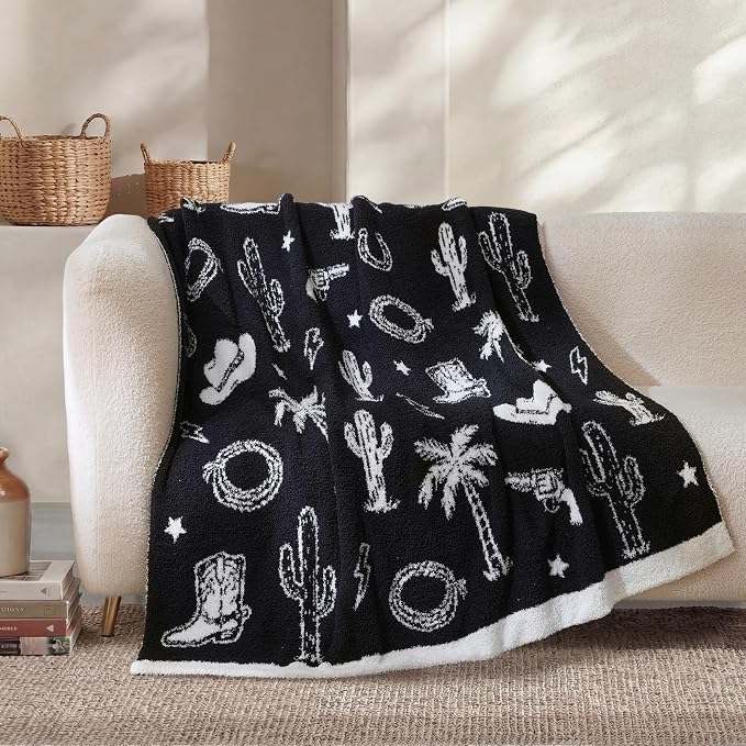 Snuggle Sac Western Throw Blanket for Couch Bed Sofa 50x60 inches, Reversible Black Cowgirl Blanket Ultra Soft Cozy Blankets for Women Mothers Birthday Gifts