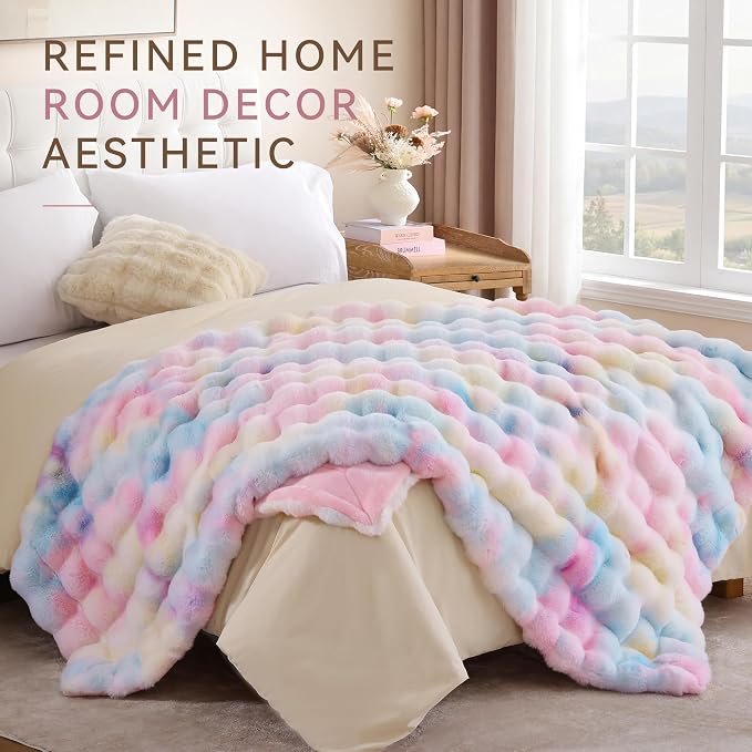 Faux Rabbit Fur Throw for Couch - Rainbow Bubble Blanket 50"x60" | Fluffy Plush Fuzzy Colorful Throw for Sofa & Bed, Super Soft Cozy Comfrt Blanket, Luxury Rainbow Decor Gift for Women