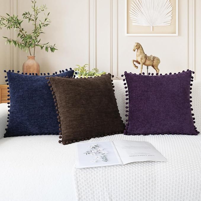 CaliTime Decorative Couch Throw Pillow Covers 20 X 12 Inches Coffee | Pack of 2, Cozy Chenille Cushion Cases, with Pom Poms for Sofa Bed Living Room Farmhouse Home