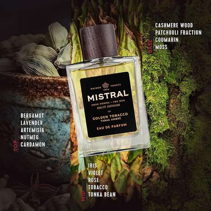 Mistral Men’s Cologne – Golden Tobacco Eau de Parfum | Warm & Aromatic Perfume For Men with Bergamot, Tonka Bean & Cashmere Wood | Cruelty-Free & Long-Lasting Cologne for Men, Made in France - 3.4 Oz