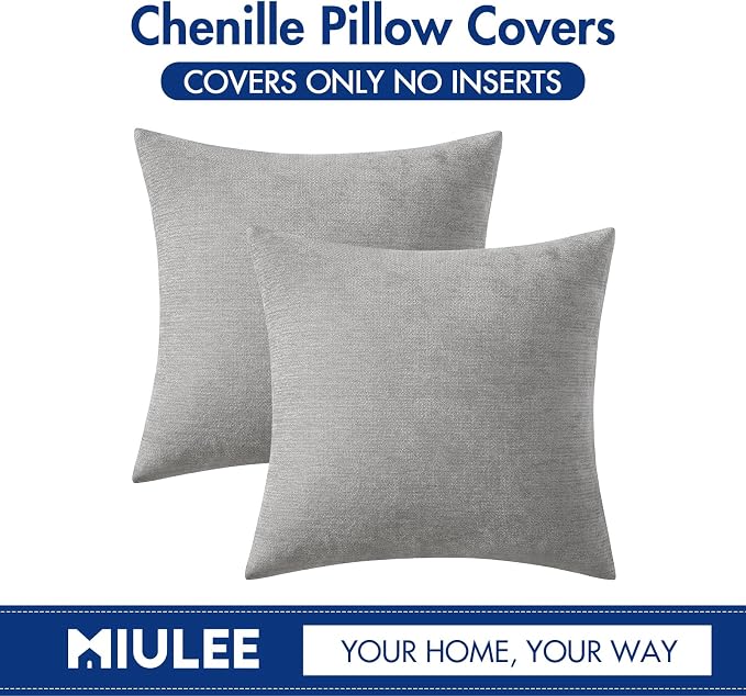 MIULEE Pack of 2 Light Grey Decorative Pillow Covers 18x18 Inch | Soft Chenille Couch Throw Pillows Farmhouse Cushion Covers for Home Decor Sofa Bedroom Living Room