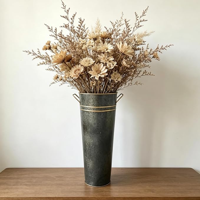 Hosley Set of 2 Zinc Finish French Bucket Vases with Handles 6"Dx15"H Perfect for Weddings, Parties, Country Picnics, Floral Arrangements, Tableware Storage, or Candle Gardens - Rustic Farmhouse Décor