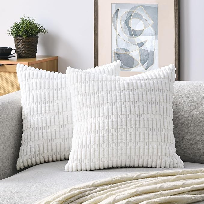 Volcanics Pack of 2 Pure White Decorative Throw Pillow Covers 18x18 Inch | Soft Corduroy Striped Square Cushion Cases, Modern Farmhouse Boho Home Decor for Couch Bed Sofa Living Room