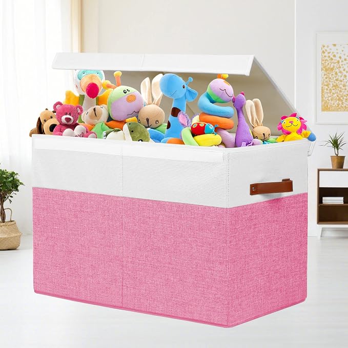 Large Toy Storage Box with Lid, Toy Chest Bin Boxes Basket with Dividers | Sturdy Toy Organizer Bin for Kids, Boys, Girls, Nursery, Living Room, Bedroom, Playroom 25"x13" x16" (Pink and White)