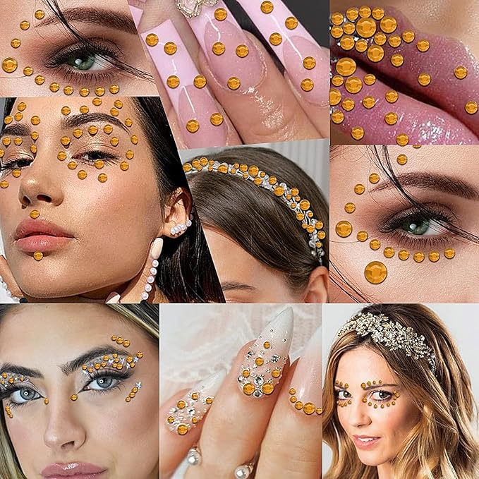 3555pcs Self Adhesive Face Gems for Makeup, Festival Jewels, Hair Gems, Rhinestone Stickers for Face, Eye, Makeup, Nail, Body, Crafts 5sheets (gold-3/4/5/6/8mm)