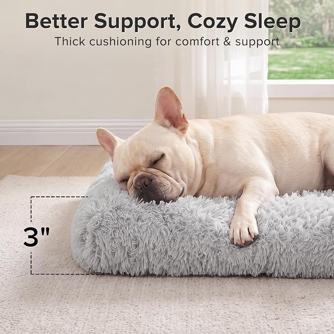 JOEJOY Dog Bed Crate Pad, Deluxe Plush Washable Dog Beds Fulffy Soft Kennel Pad Anti-Slip Pet Sleeping Mat for Small Dogs, 23" x 18", Grey