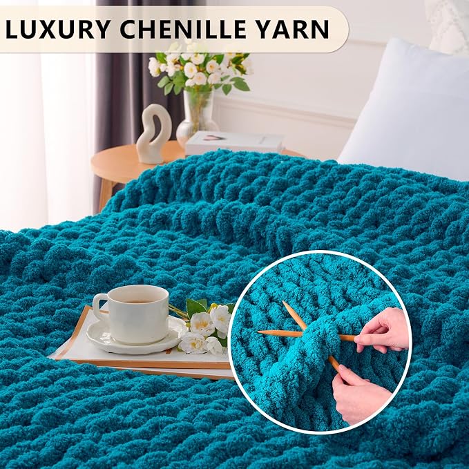 L'AGRATY Chunky Knit Throw Blanket for Couch, 50'' x 60'' Knit Throw, Teal | Handmade Chenille Crochet Blanket for Sofa Bed, Thick Cable Knitted Blankets for Room Home Decor, Birthday Gift for Women Mom