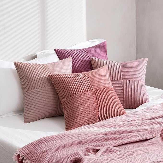 MIULEE Pink Spring Throw Pillow Covers 20x20 Inch Set of 4 Boho Farmhouse Cushion Cases Decorative Gradient Pillow Cases Corduroy Striped Home Decor for Couch Sofa Living Room Bed Valentine Decor