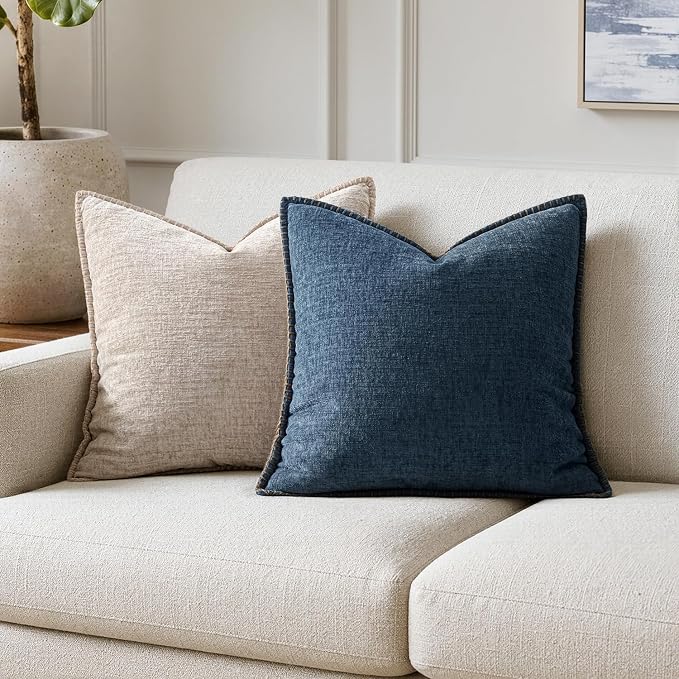 MIULEE Decorative Couch Throw Pillow Covers 20x20 Inch Dark Blue 2 Pack | Farmhouse Pillow Covers with Stitched Edge, Soft Chenille Cushion Cases, for Sofa Bed Living Room Home Decor