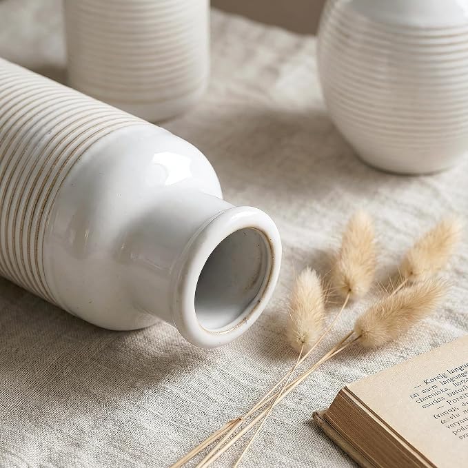 Rustic Farmhouse Vase Set of 3 - Ceramic Decorative Flowers Vases Home Decor - Pampas Grass Dried Fresh Flowers - for Centerpiece, Table, Mantel Entryway, Kitchen, Bedroom (White)
