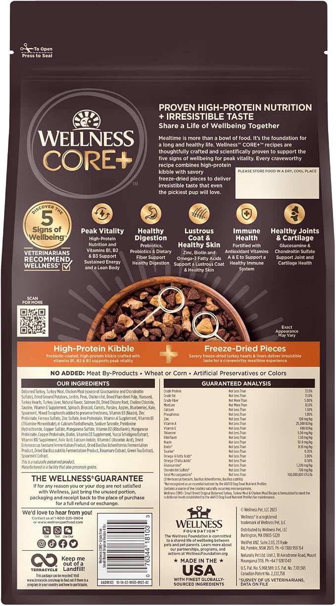 Wellness CORE+ Small Breed Adult Dry Dog Food with Freeze Dried Pieces, Grain Free Kibble+, Natural, High Protein, Turkey and Chicken Recipe, 4 lb Bag