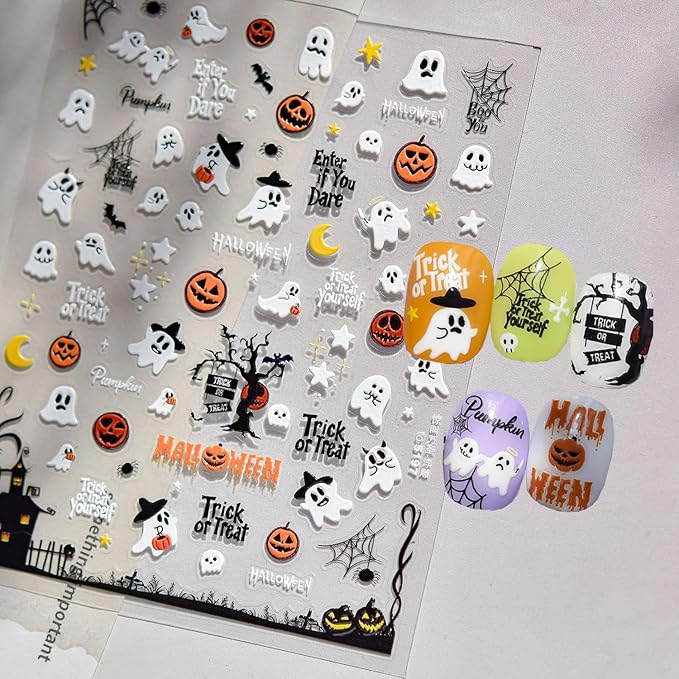 Halloween Nail Stickers for Nail Art, 5D Embossed Self-Adhesive Nail Decals Ghost Goth Moon Spider Web Nail Supplies Design Accessories for Women and Girls Manicure DIY Decoration