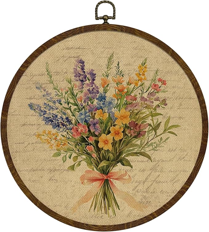 Vintage Floral Round Wall Art Decor,Retro Flower Wall Art Decoration, Watercolor Wildflower Botanical Canvas Print with Frame,Farmhouse Decor for Bedroom Living Room Gallery Space10"x10" (Letter Flowers-01)