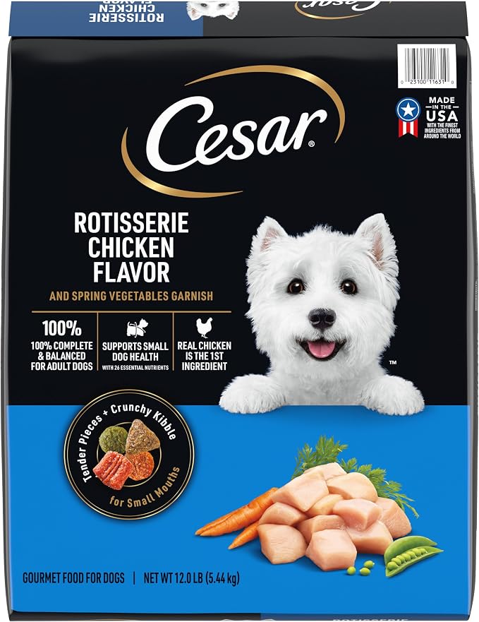 Cesar Small Breed Dry Dog Food, Chicken & Spring Vegetables Flavor, 12 lb | Made in USA, Real chicken #1 ingredient, 26 essential nutrients, supports small breed health, no artificial flavors