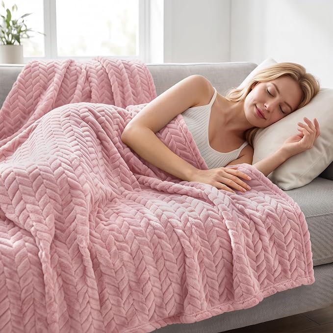 Exclusivo Mezcla Soft Fleece Bed Blanket Queen Size, 90”x90”, Pink | Cozy Fluffy Lightweight Blankets for Summer, Decorative Plush Flannel Throws for Living room, Bedroom with Leaves Pattern