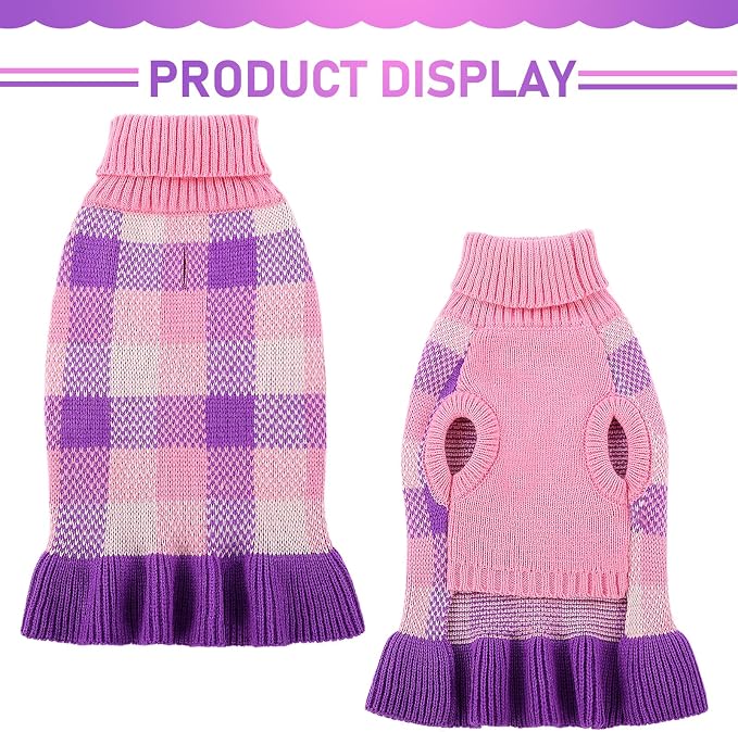 Dog Sweater Dress Plaid Knitwear for Small Medium Dogs Warm Puppy Pet Turtleneck Stretch Pullover Cute Fall Winter Vest Clothes with Leash Hole for Christmas (Purple, XS)