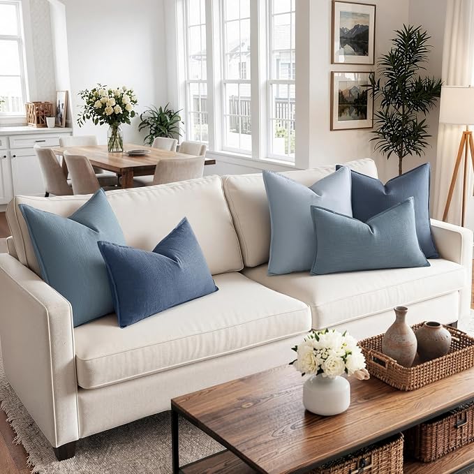 MIULEE Decorative Linen Lumbar Pillow Cover 12x20 Inch Blue Ashes | Boho Farmhouse Couch Long Throw Pillow for Bed, Pack of 1 Accent Coastal Modern Pillowcase, Sofa Livingroom Home Decor