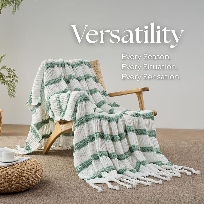 Boho Knitted Chenille Blanket with Tassels - Lightweight & Soft All-Season Throw - 3D Classic Pattern for Living Room Bedroom Couch, Sage Green(Striped), Throw 50"x60"