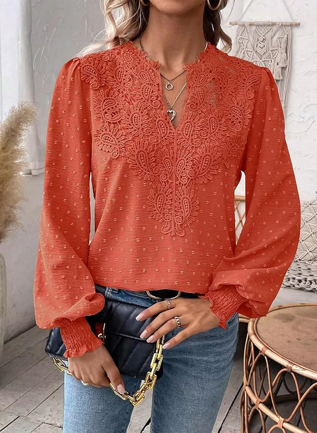 Womens Tops Swiss Dot Boho Long Sleeve Shirts V Neck Casual Chiffon Blouses Flowy Lace Hem Cute Clothing Trendy 2026